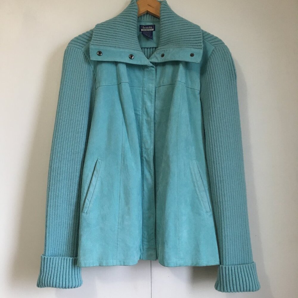 Vintage B.U.M. Equipment Ribbed Sweater Genuine Suede Leather Celeste Jacket